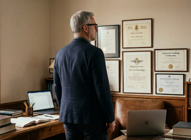 Marc Desiron in een werkomgeving met diploma's en certificaten